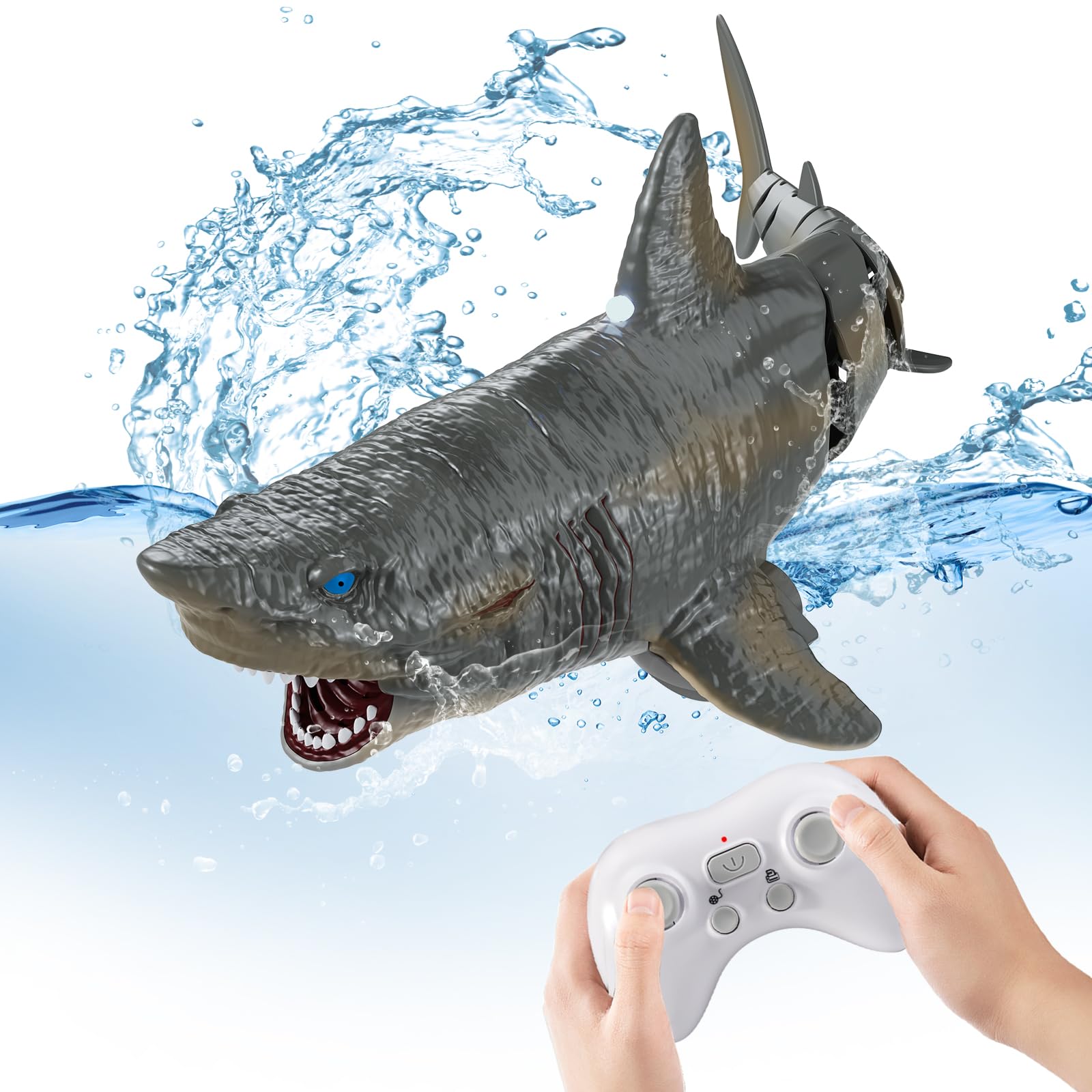 Flycites remote-control shark toy swimming in pool with lifelike motion.