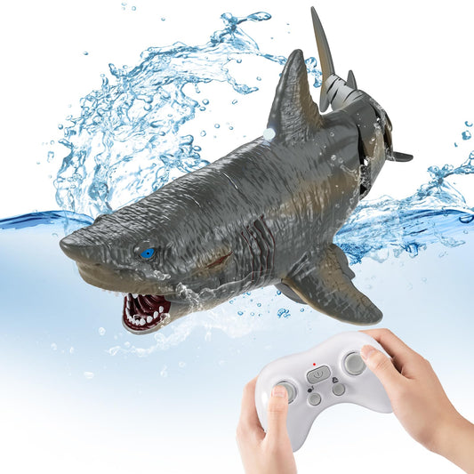 Flycites remote-control shark toy swimming in pool with lifelike motion.