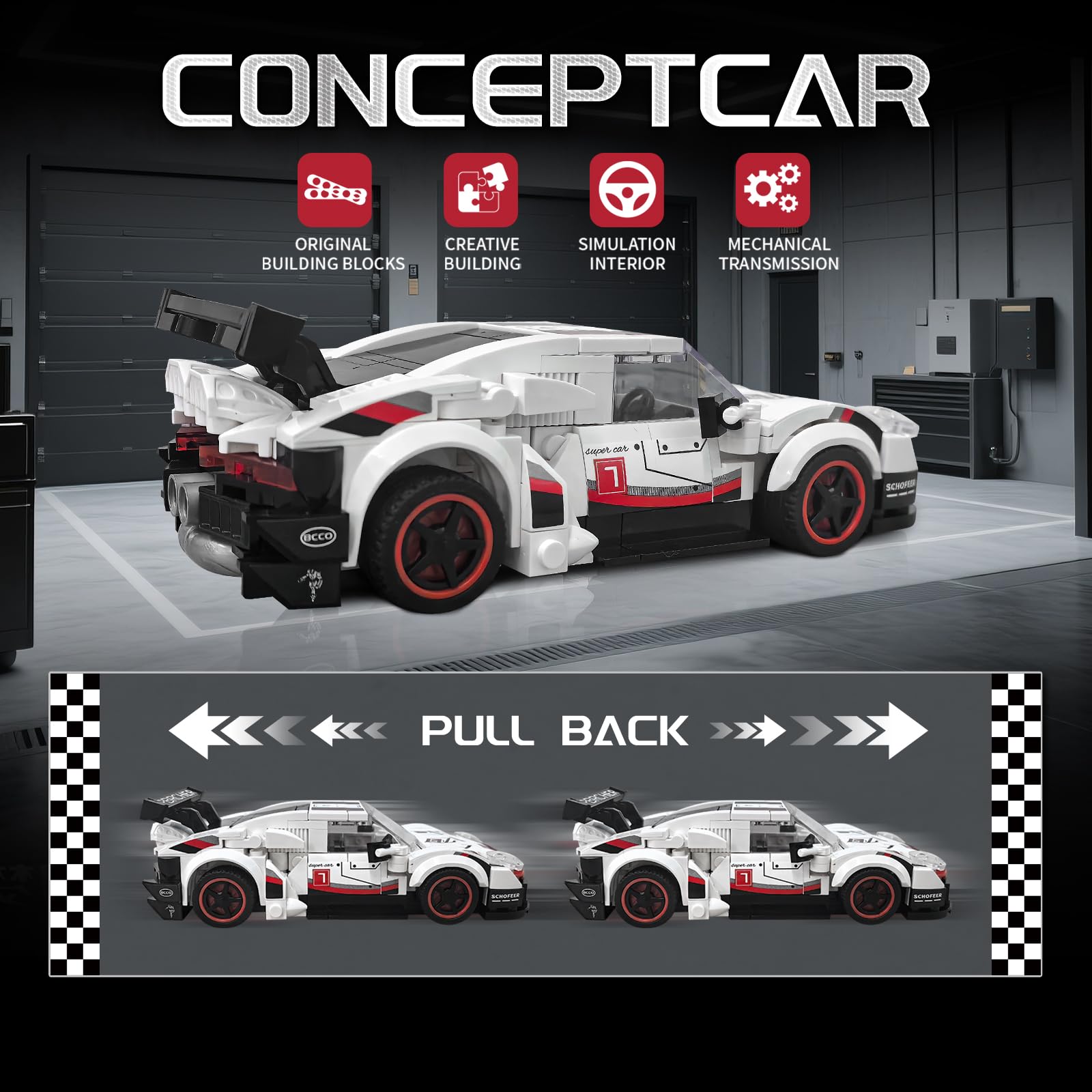 flycites Technic sports cars building block set side view shows detailed engineering features