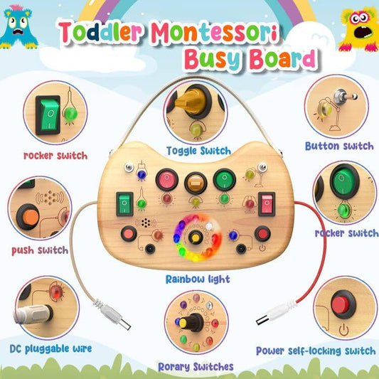 Flycoost Busy Board featuring dinosaur stickers for interactive learning.
