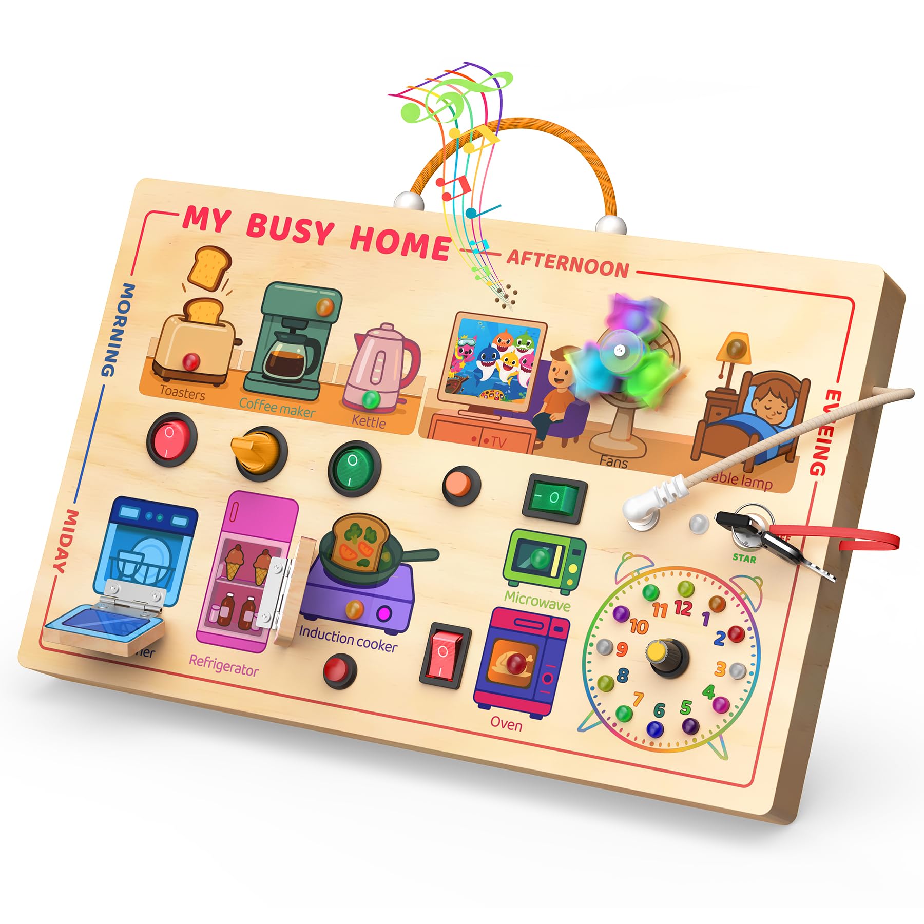 Flycoost My Busy Home board coffee-maker button boosts fine motor skills during pretend play.