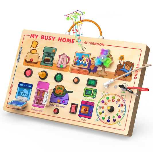 Flycoost My Busy Home board coffee-maker button boosts fine motor skills during pretend play.