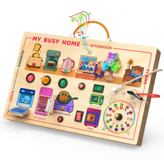 Flycoost My Busy Home board coffee-maker button boosts fine motor skills during pretend play.