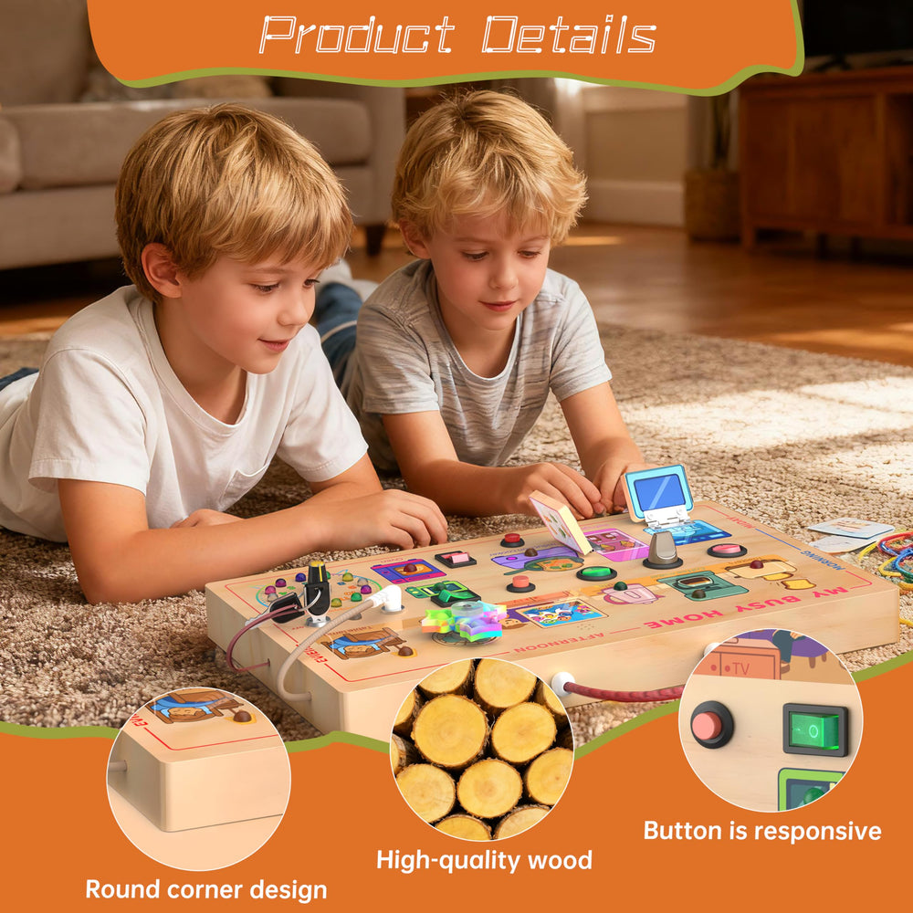 Flycoost My Busy Home refrigerator door supports imaginative kitchen play.