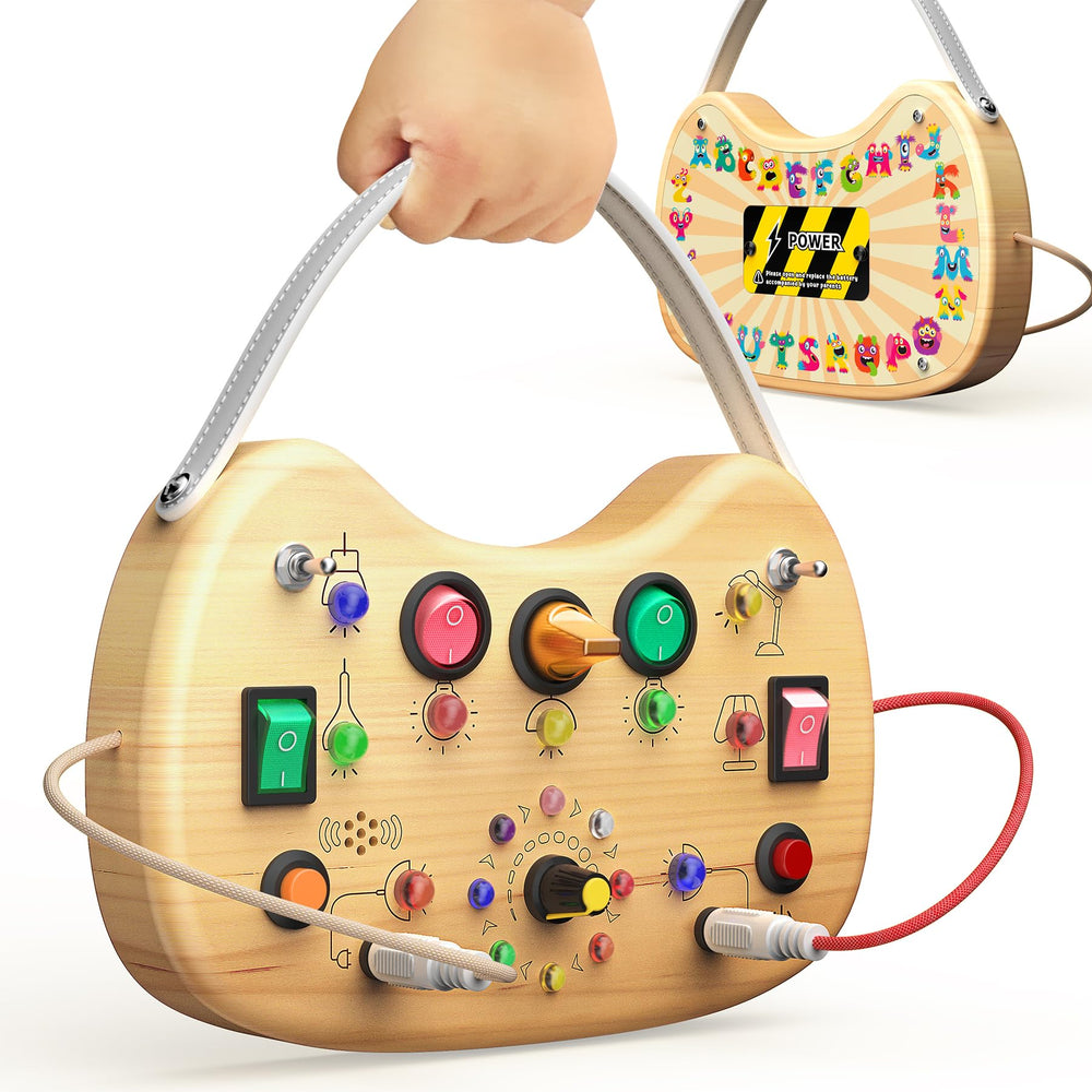 flycoost montessori busy board switches and LED lights support fine motor skills during play