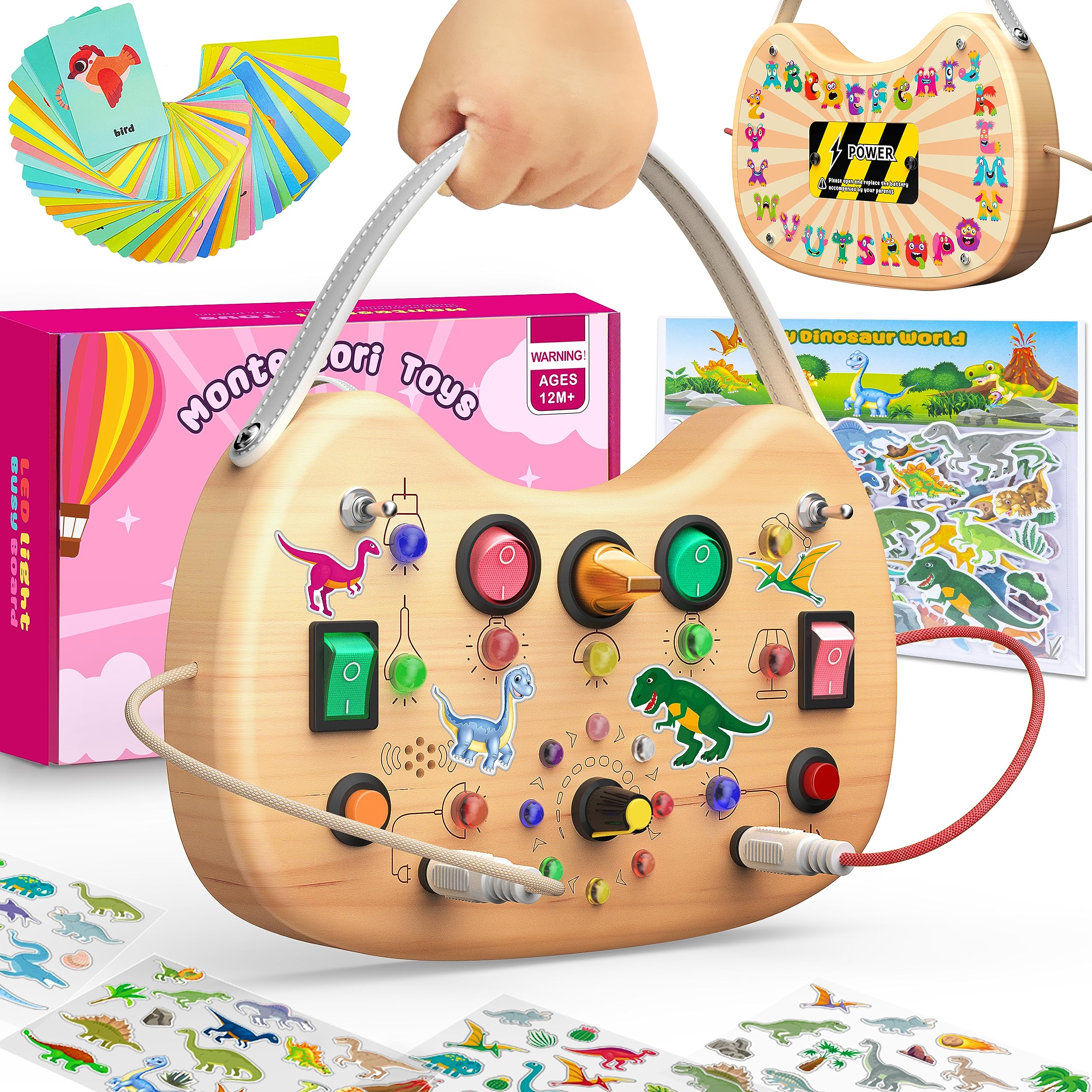 Flycoost Montessori Busy Board with LED switches enhances fine motor skills during play.