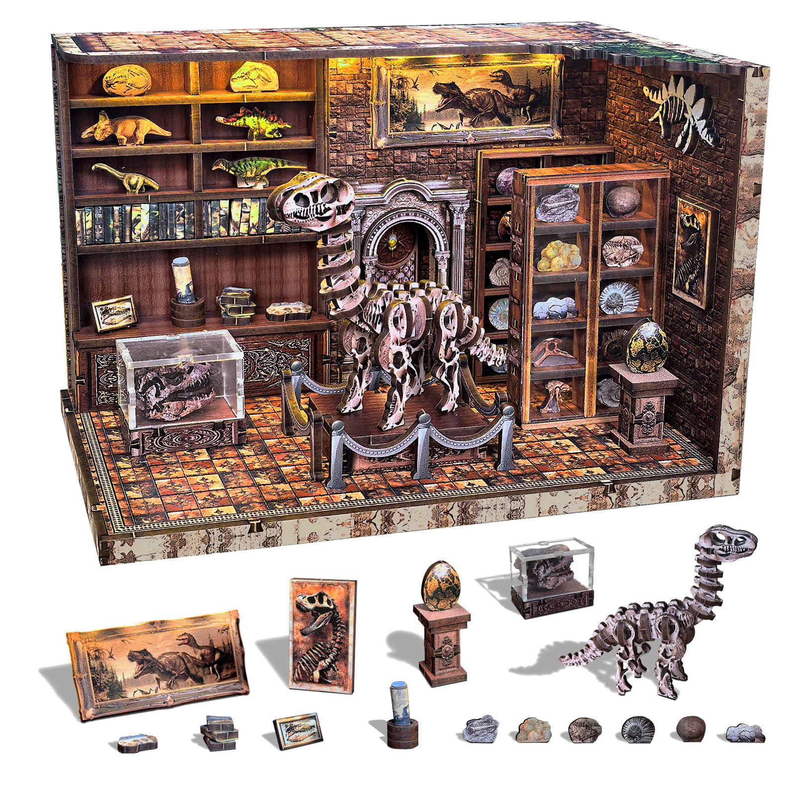 FLYINTOYS Book Nook Kit: dinosaur scene assembly for desk decor and cozy reading nooks.