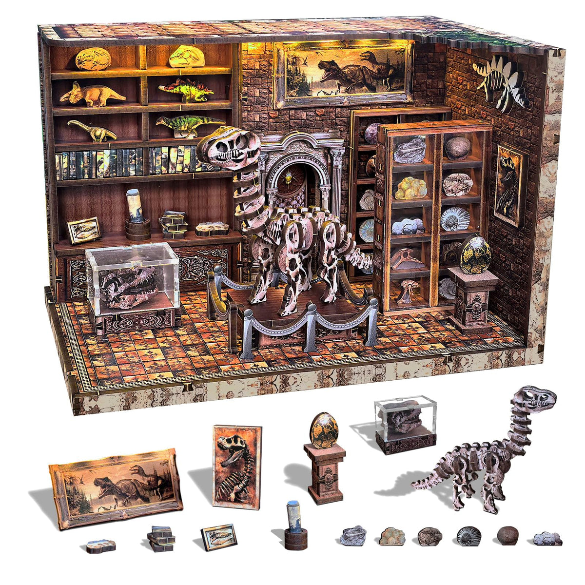 FLYINTOYS Book Nook Kit: dinosaur scene assembly for desk decor and cozy reading nooks.