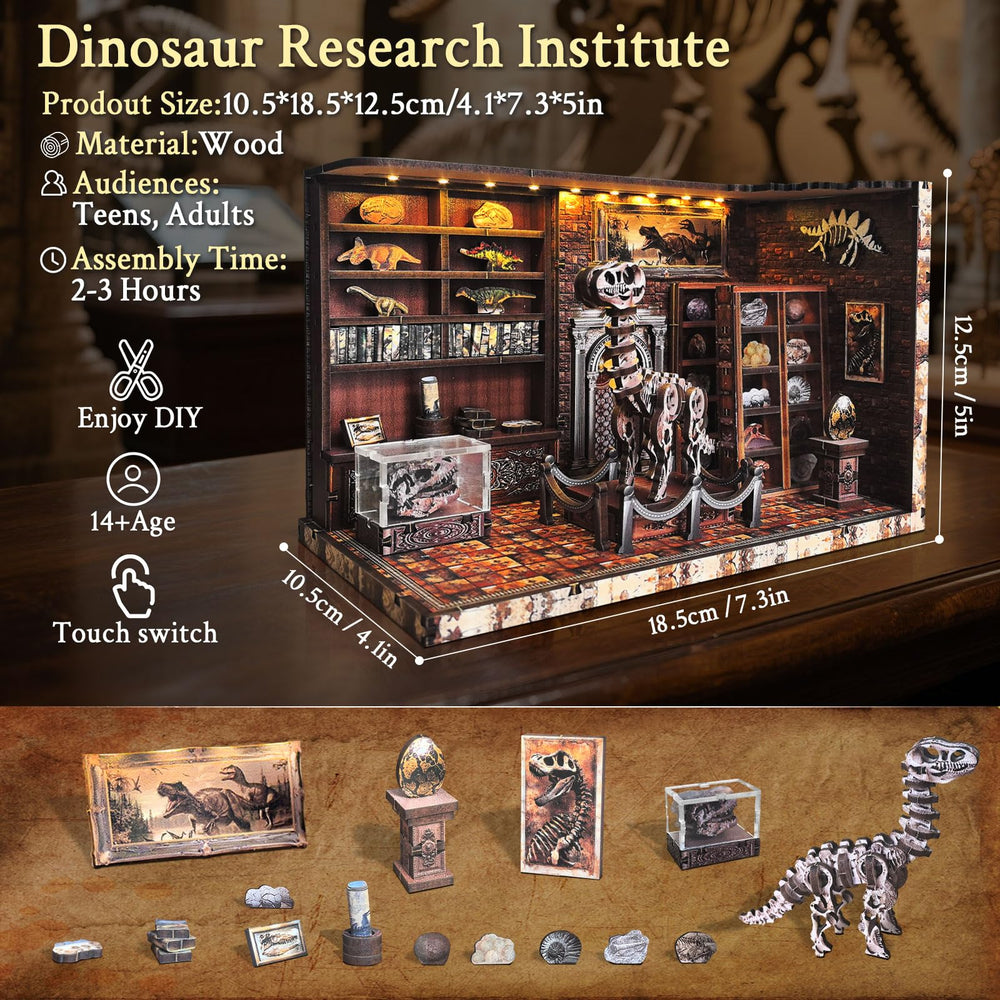 FLYINTOYS Dinosaur Research Institute diorama with LED light adds warm ambiance.