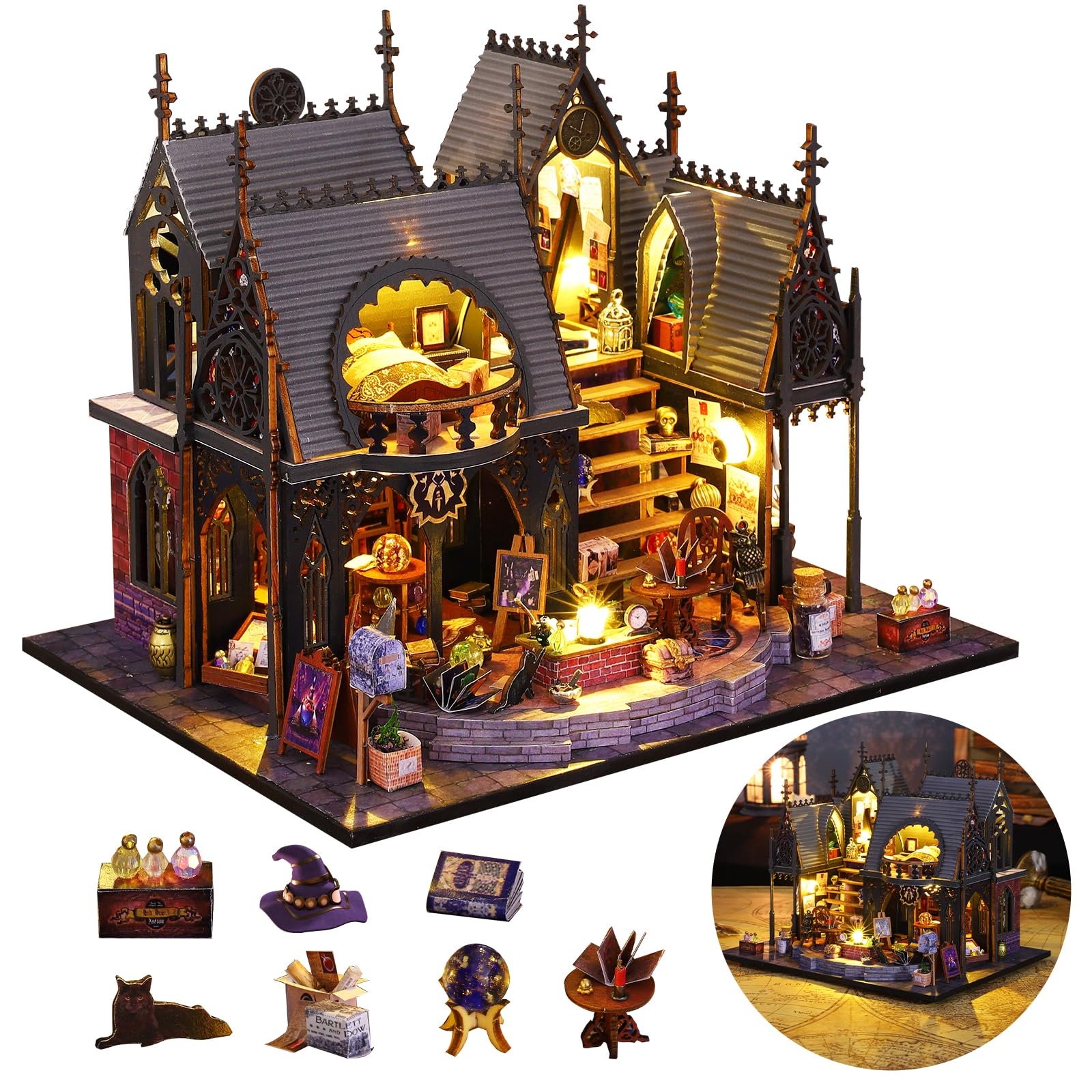 FLYINTOYS Luna's Magic House with LED light showcases cozy display and hands-on creativity.