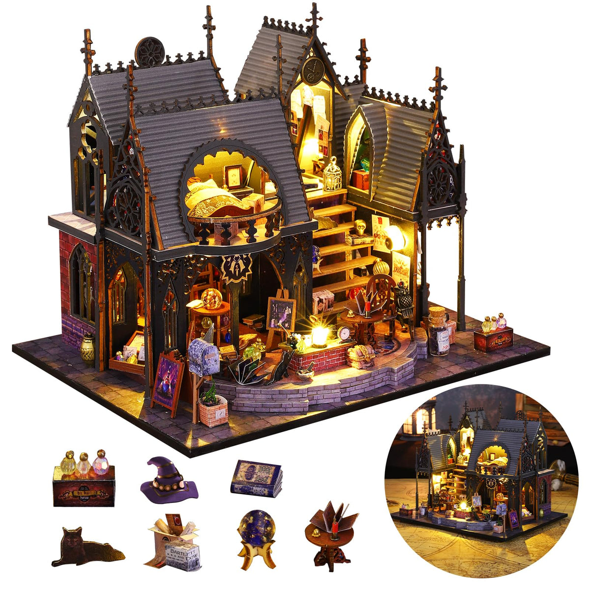 FLYINTOYS Luna's Magic House with LED light showcases cozy display and hands-on creativity.