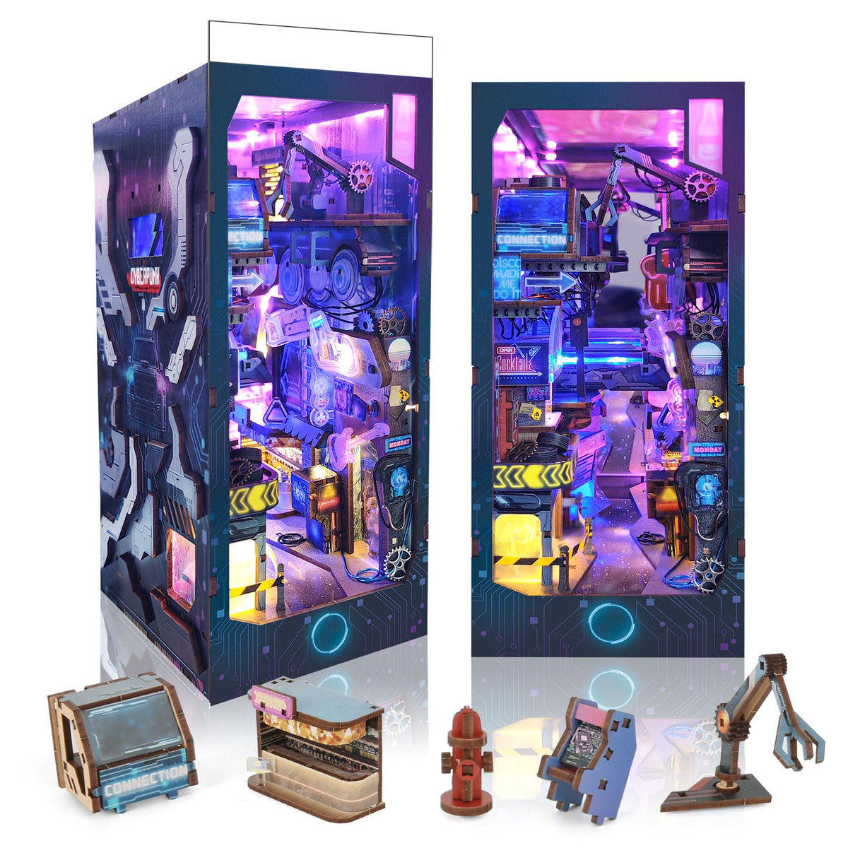 FLYNOVA cyberpunk book nook kit front view enhances desk ambiance with neon-inspired storytelling