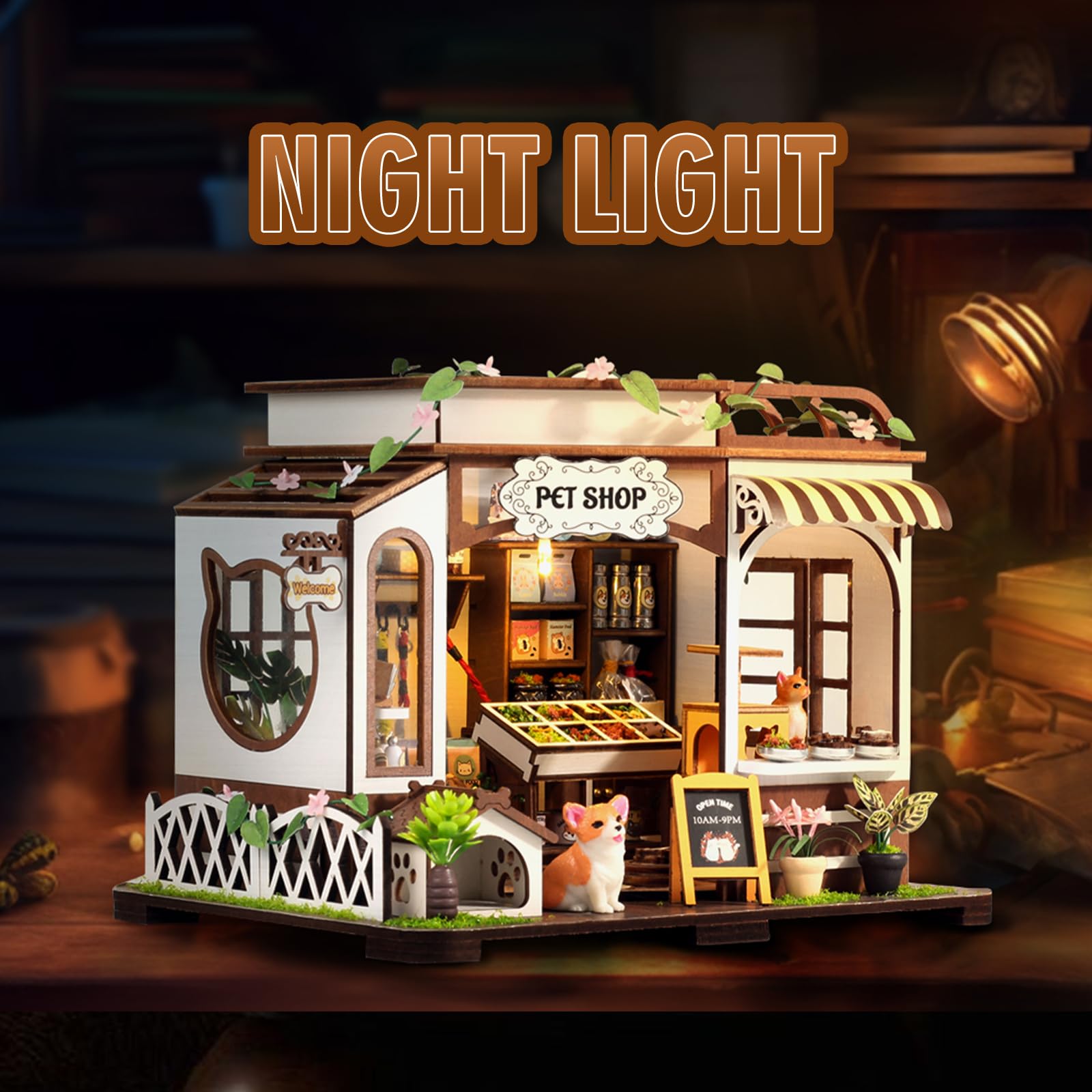 FLYNOVA pet shop dollhouse kit showcases tiny food and toys for charming display