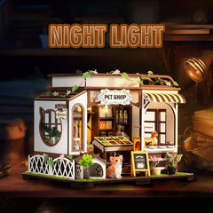 FLYNOVA pet shop dollhouse kit showcases tiny food and toys for charming display