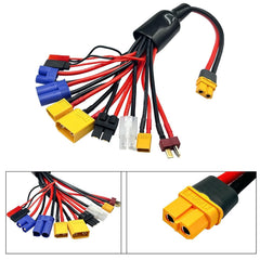 Fly RC 10-in-1 connector close-up showing diverse RC battery options.