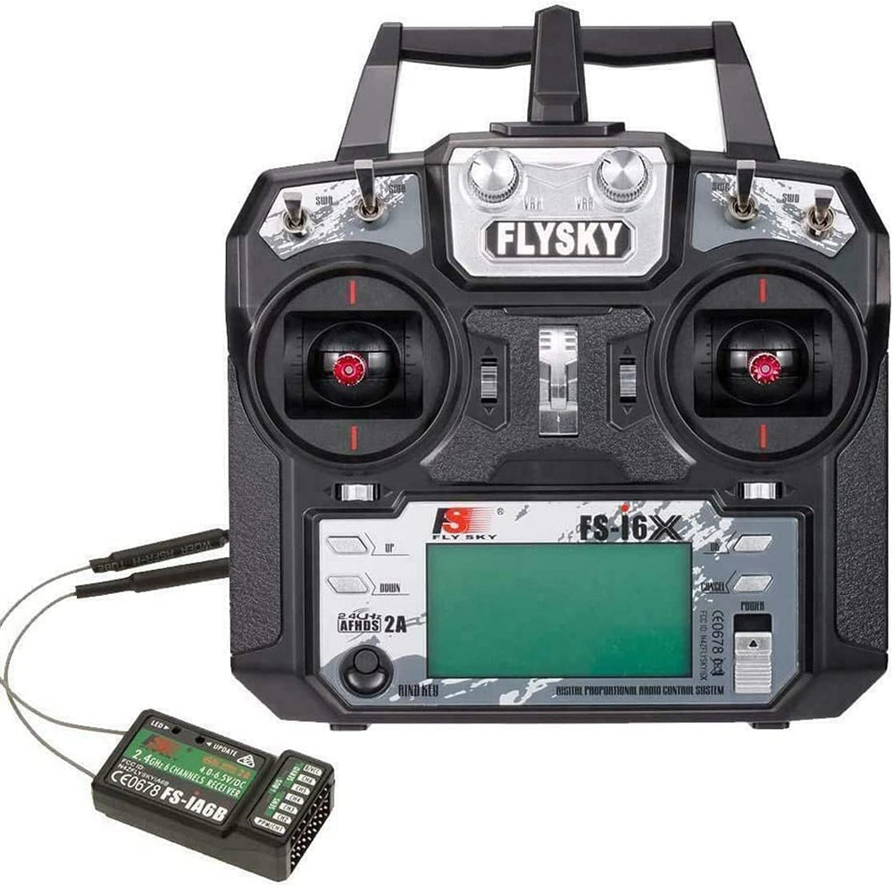 Flysky FS-i6X front view shows ergonomic grip for comfortable control.