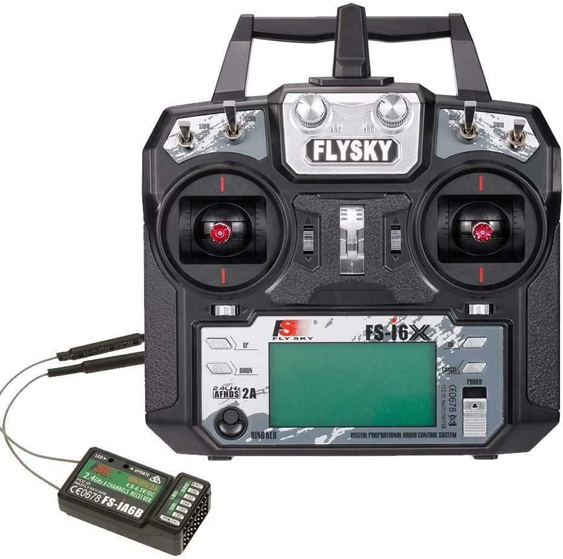 Flysky FS-i6X front view shows ergonomic grip for comfortable control.