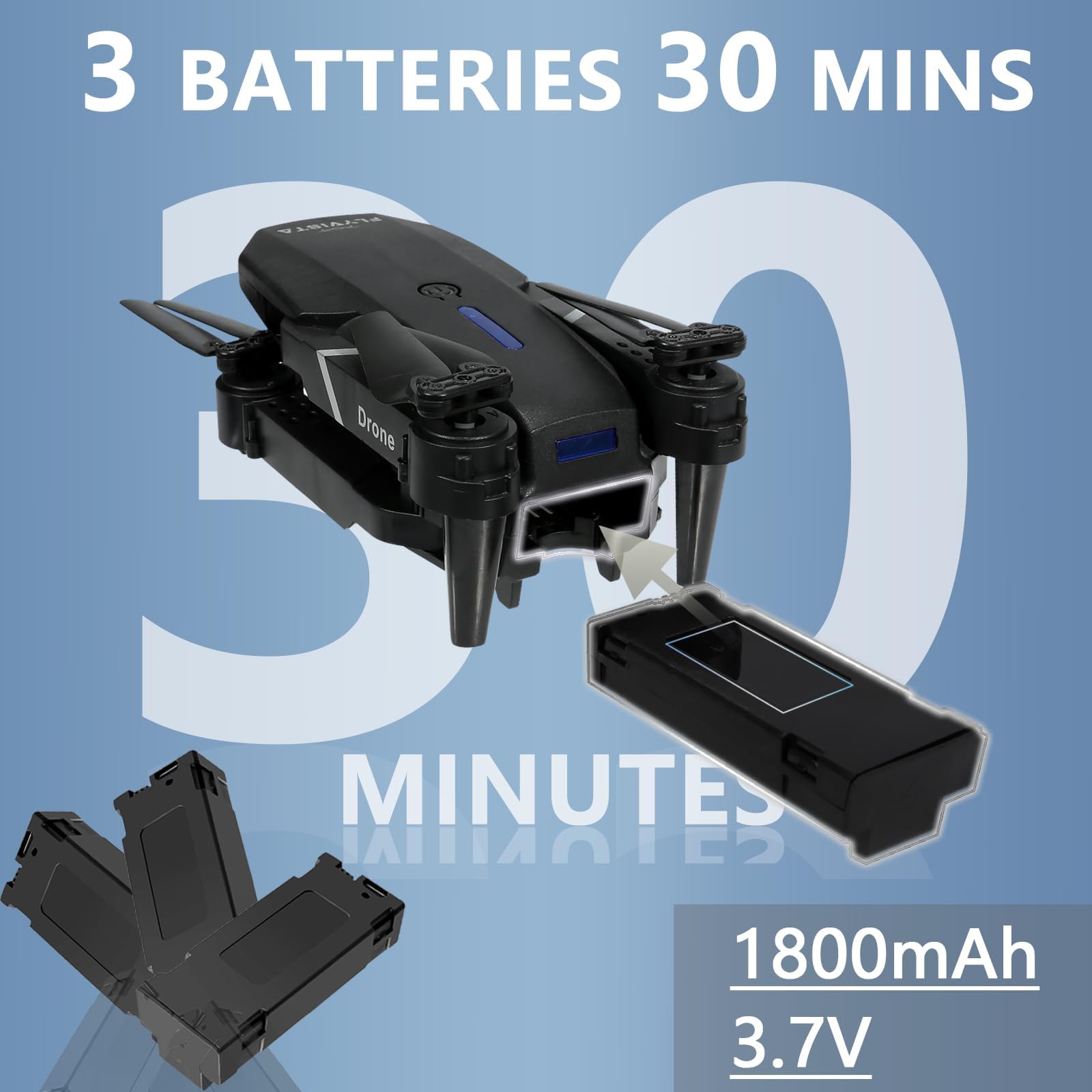 FlyVista mini drone with three batteries extends flight time for exploration.