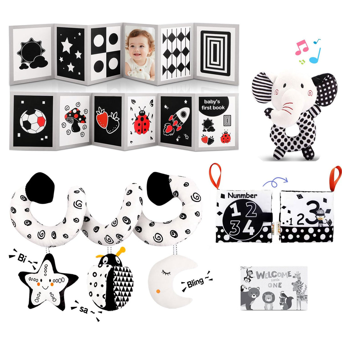 Flyxingxia high-contrast baby book with bold patterns to support visual tracking.