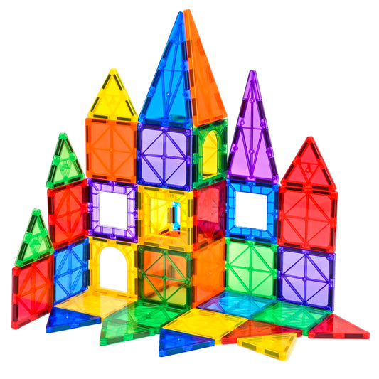 FNJO magnetic tiles 64-piece box showing colorful array for creative building.