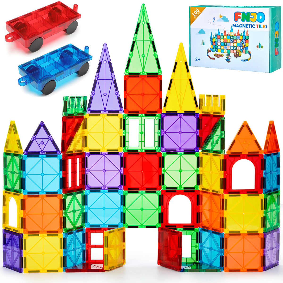 FNJO Magnetic Tiles box front display with colorful shapes for classroom play