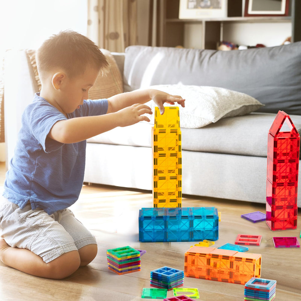 FNJO magnetic tiles encouraging STEM-like exploration and spatial reasoning during play.