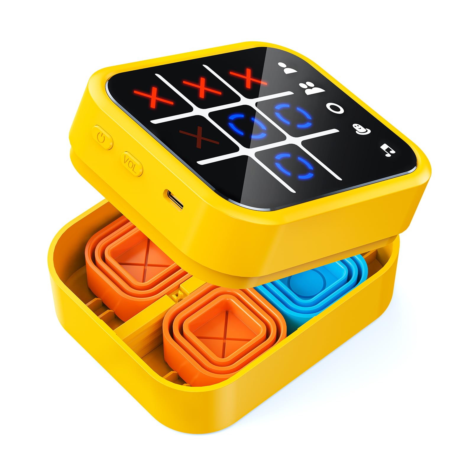 Focfundier rechargeable Tic Tac Toe box front view, portable fun for travel.