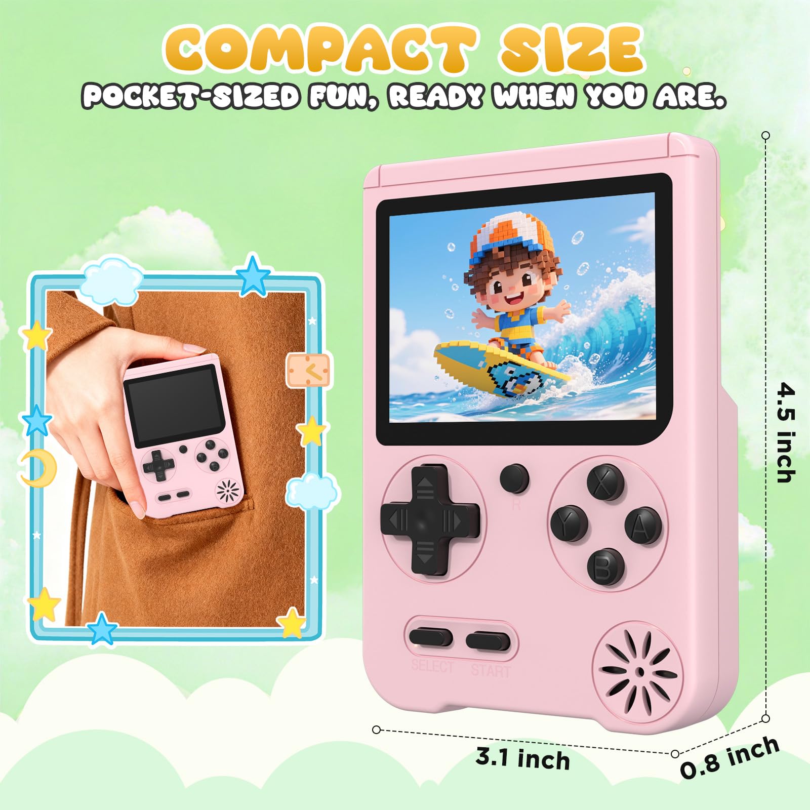 Fogud handheld game console 3-inch screen shows vibrant retro visuals.