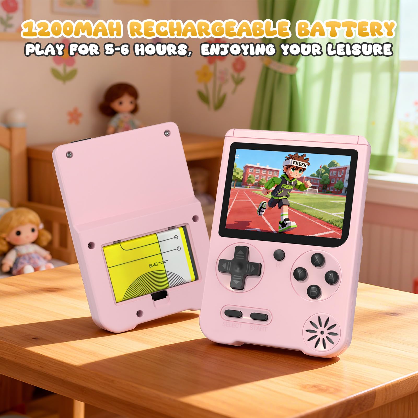 Fogud handheld game console ergonomic housing fits small hands comfortably.