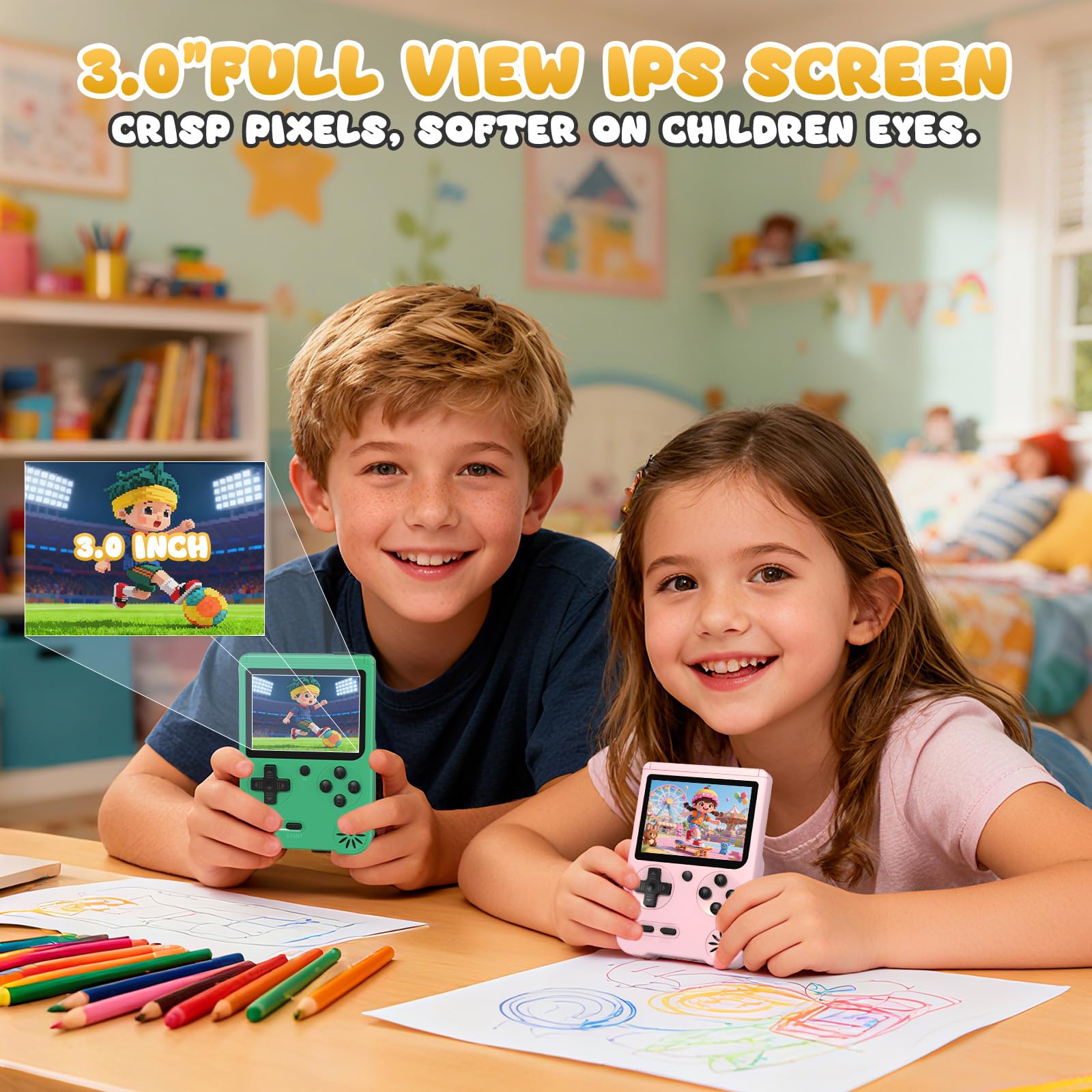 Fogud handheld game console TV connection enables big-screen family gaming.