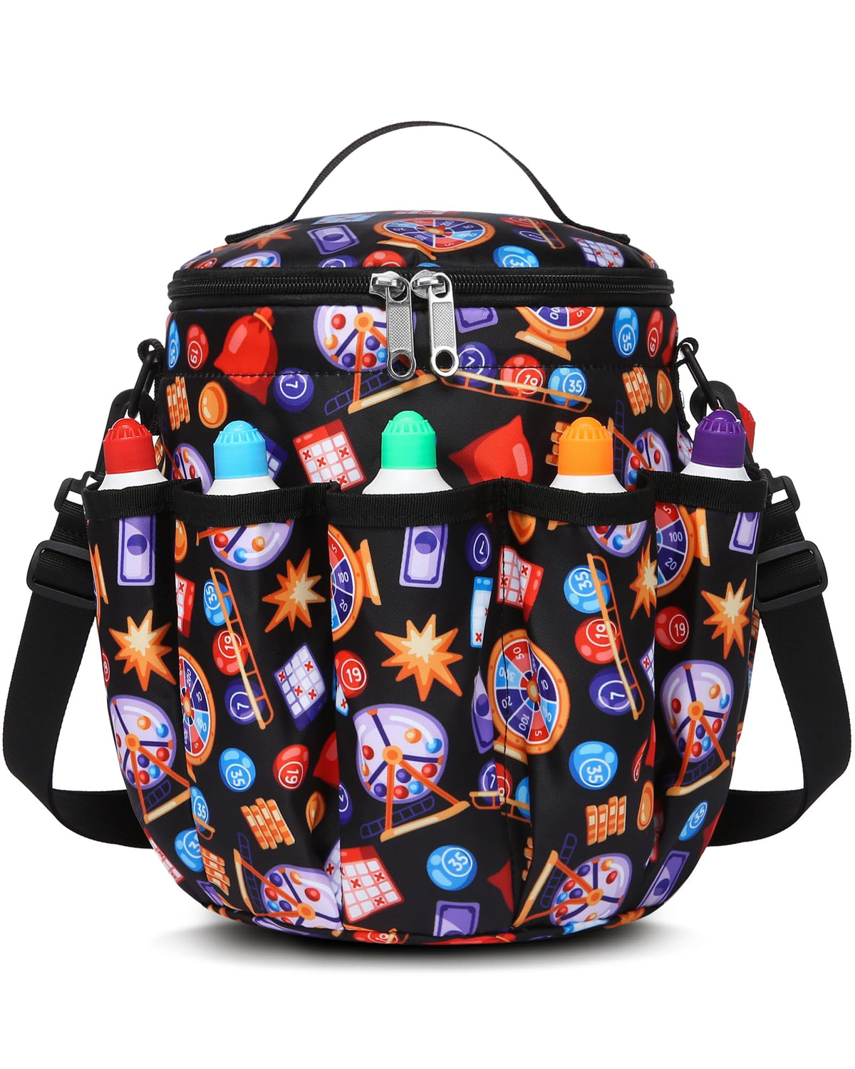 FOKDUVB bingo bag with 10 external pockets for daubers and cards, ideal organization.