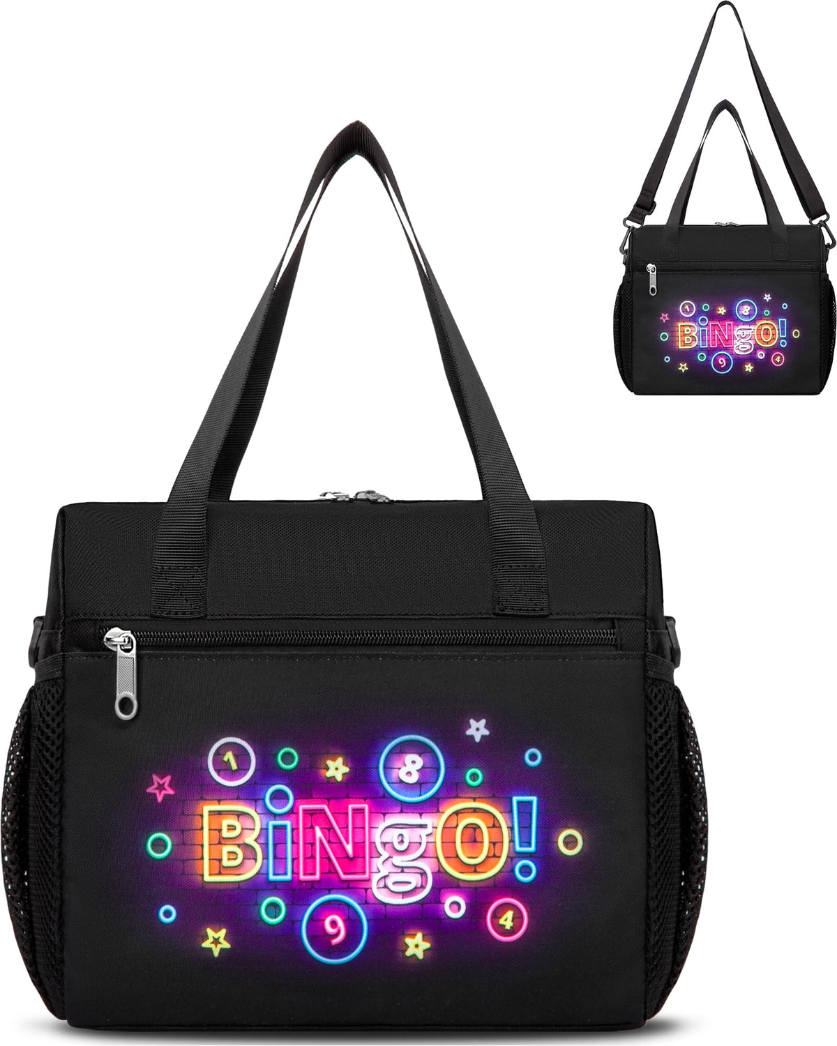 FOKDUVB Bingo Bag with daubers and cards neatly stored for quick game setup.