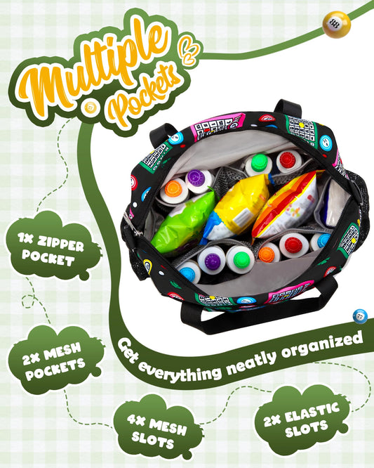 FOKDUVB Bingo Bag outside pocket stores snacks or tissues for easy reach.