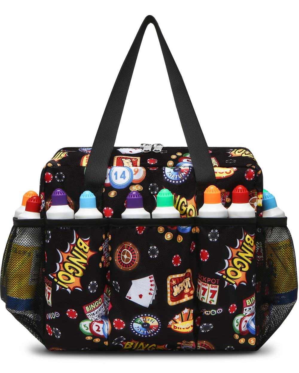 FOKDUVB bingo bag exterior with elastic pockets for easy organization during play.