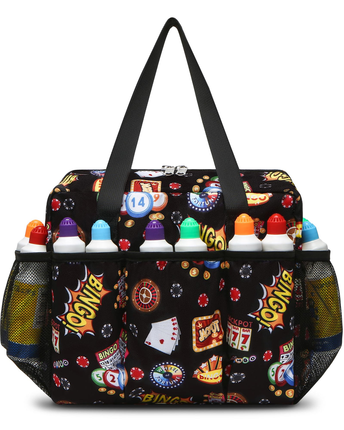 FOKDUVB bingo bag exterior with elastic pockets for easy organization during play.