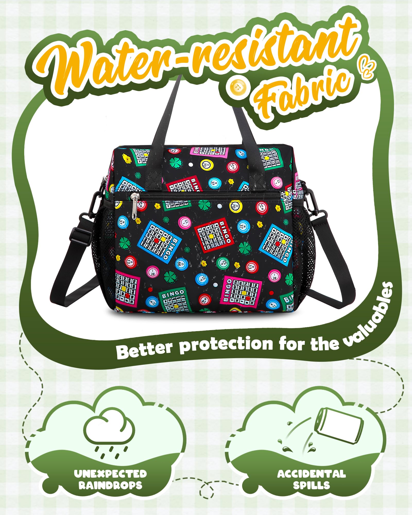FOKDUVB Bingo Bag water-resistant fabric protects contents during travel.