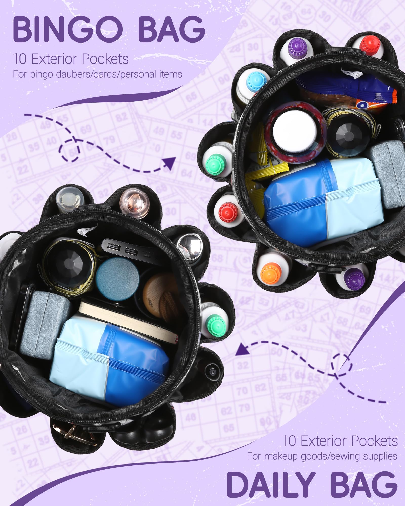 FOKDUVB bingo bag external pockets for daubers, markers, and accessories showcased.