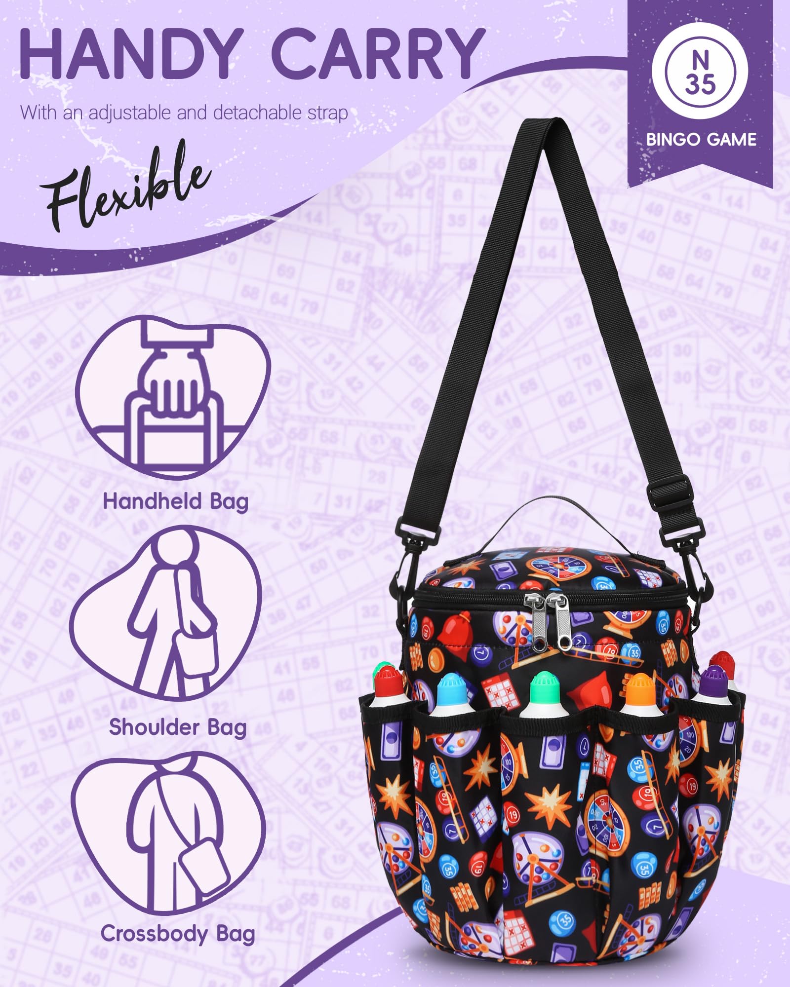 FOKDUVB bucket-shaped bingo bag with handle and strap for versatile carrying.