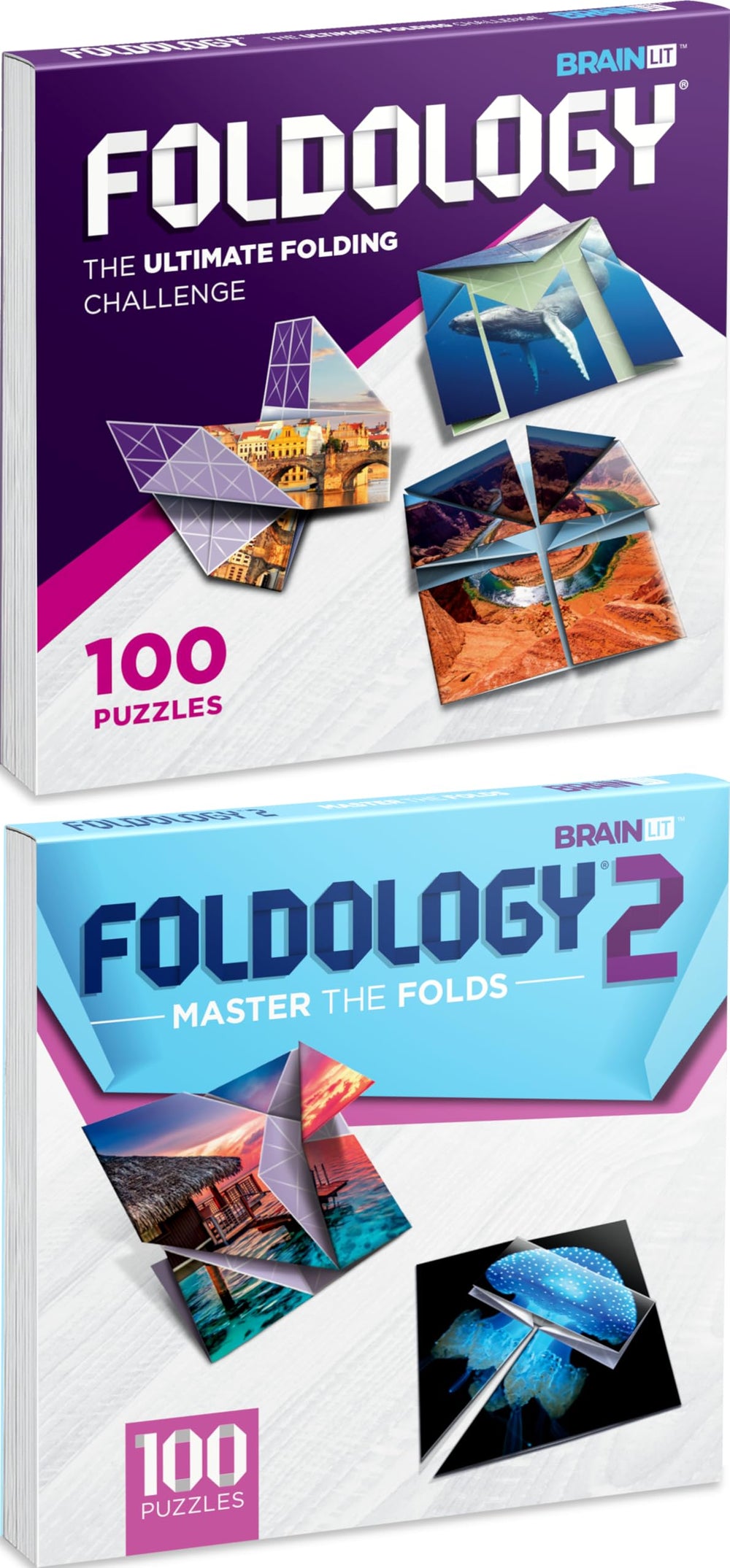 Foldology 1&2 combo pack front cover featuring travel-friendly origami puzzles for on-the-go fun.