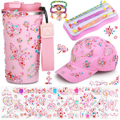 FoldTier pink water bottle decorated with butterfly gems for a personalized, creative touch.
