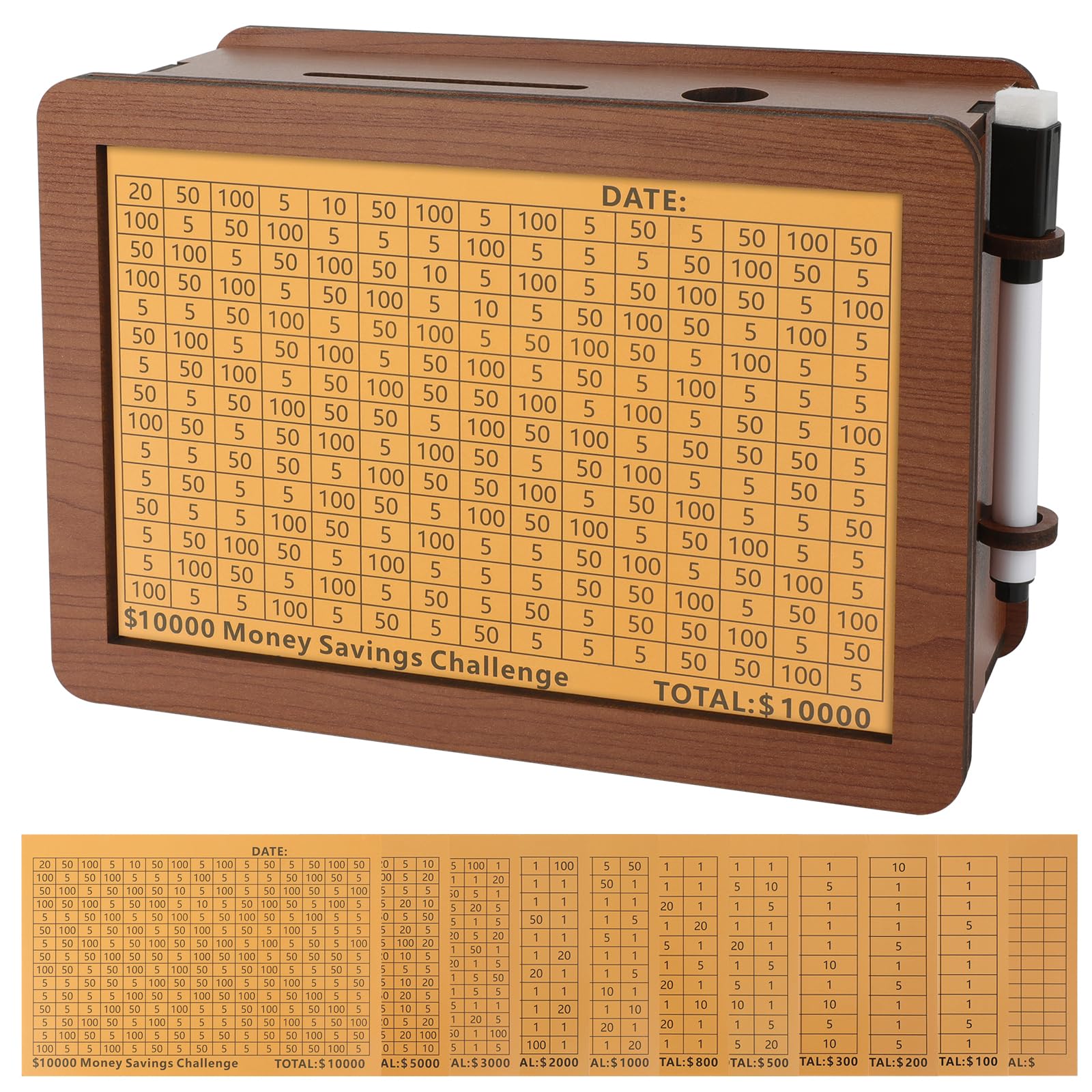 FOLENCER wooden cash box main view showing a neat savings system on a desk