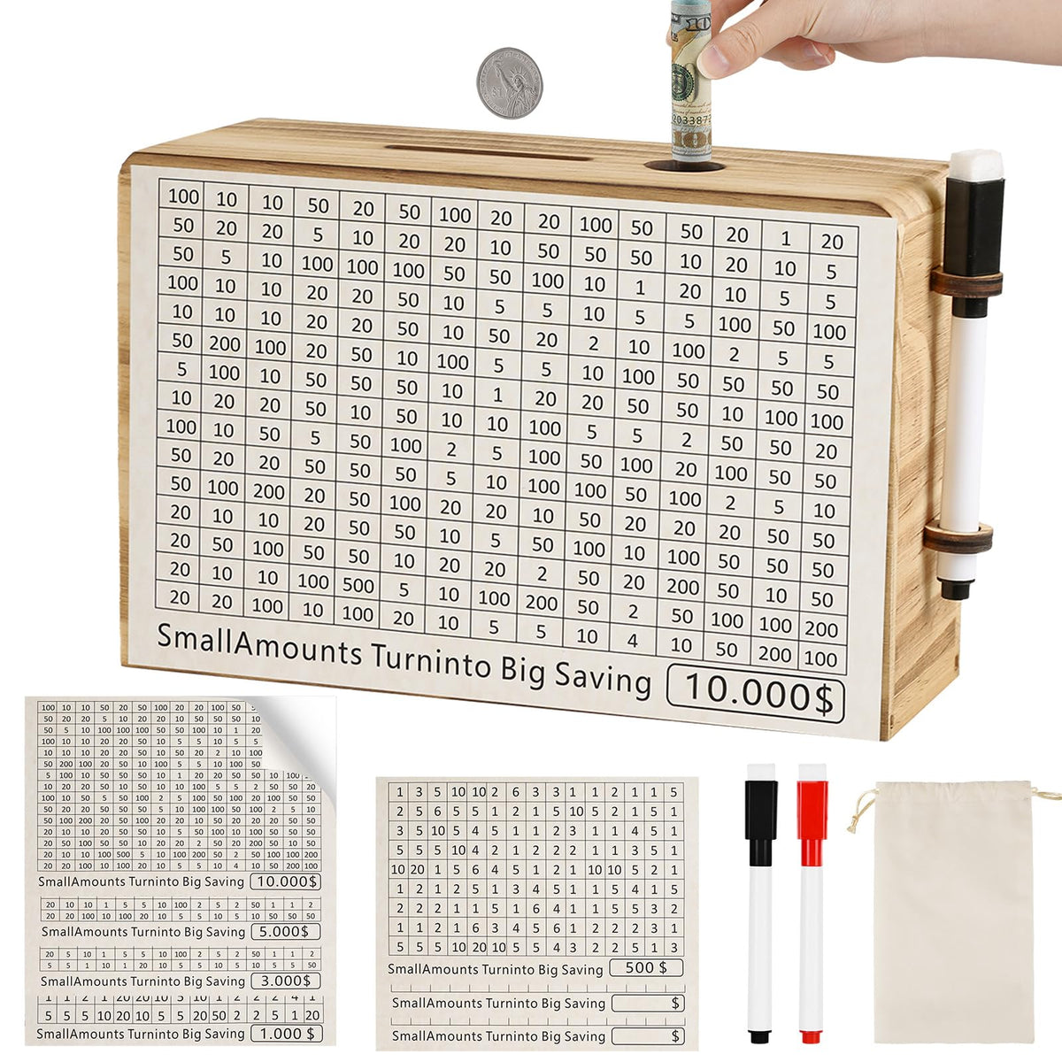 Folencer wooden money saving box front view shows visible progress for kids and adults