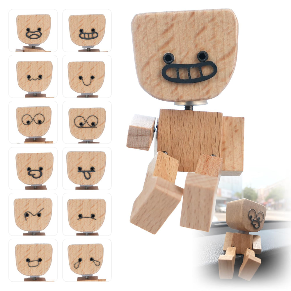 Foleto shaking feet wooden doll on car dashboard with natural finish for calm driving vibes