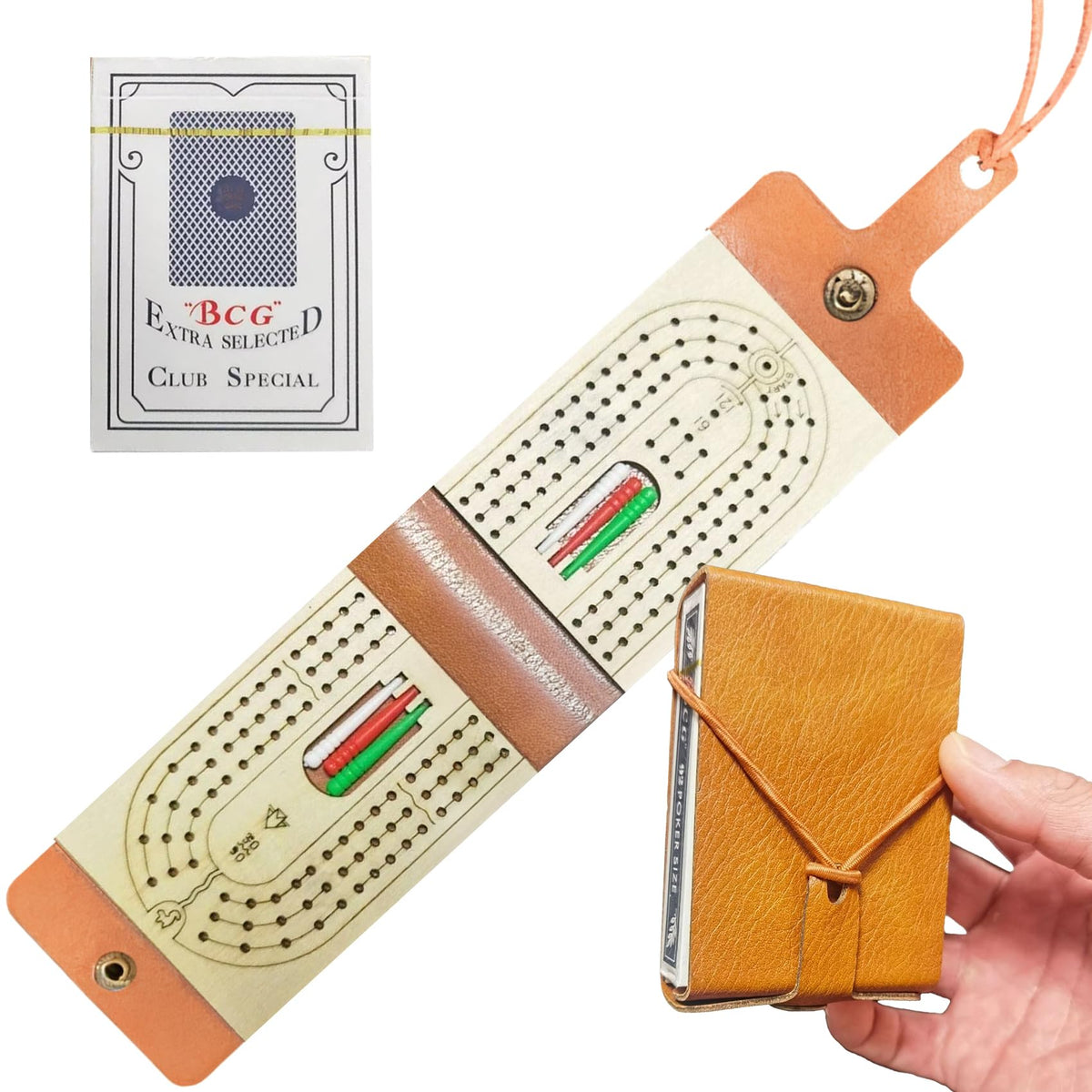 Foleto travel cribbage board folded in leather wrap for compact packing.