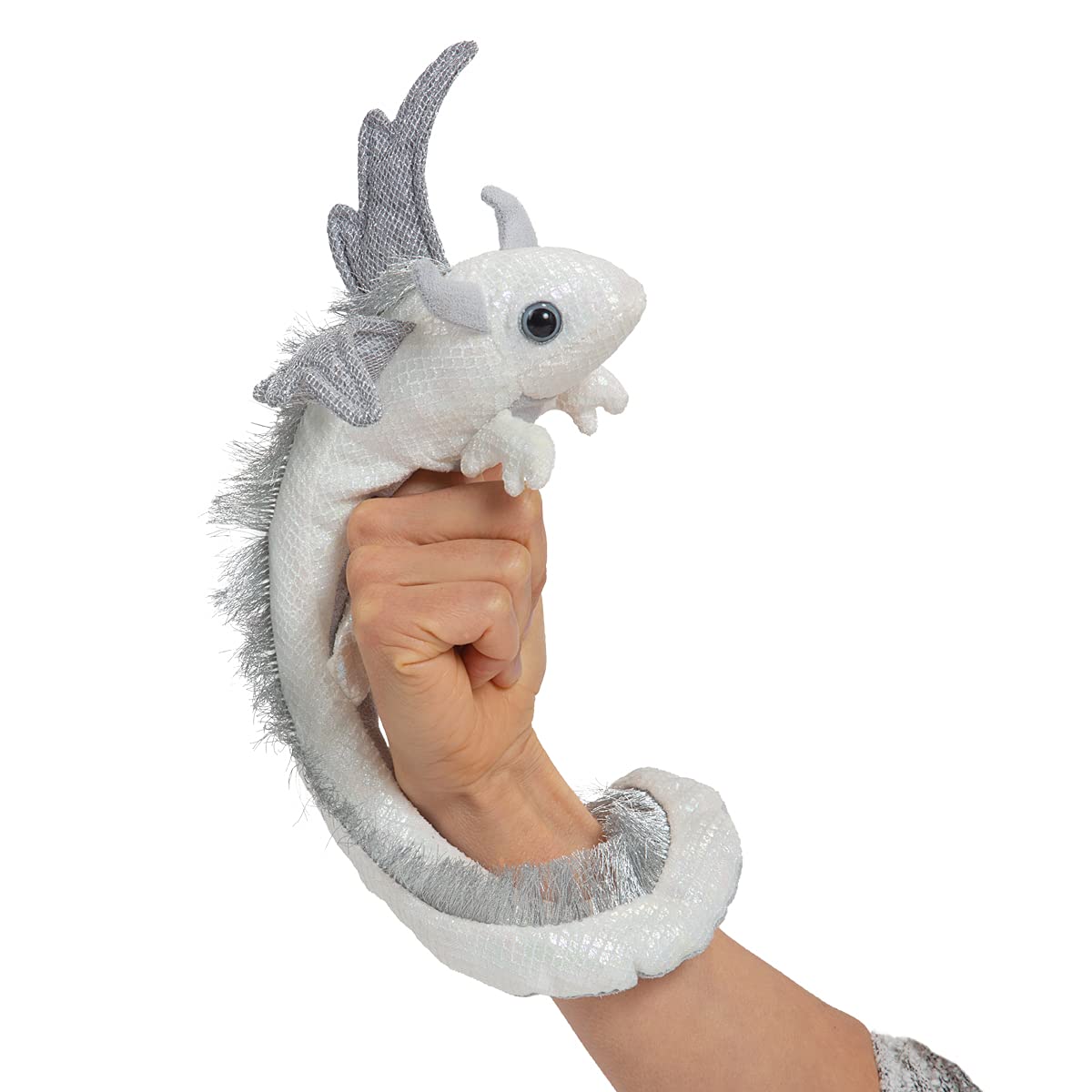 Folkmanis Pearl Dragon Wristlet Puppet closeup reveals pearlescent scales for imaginative play