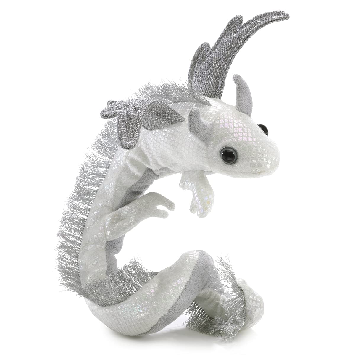 Folkmanis Pearl Dragon Wristlet Puppet on wrist demonstrates easy wear for storytelling and stage use
