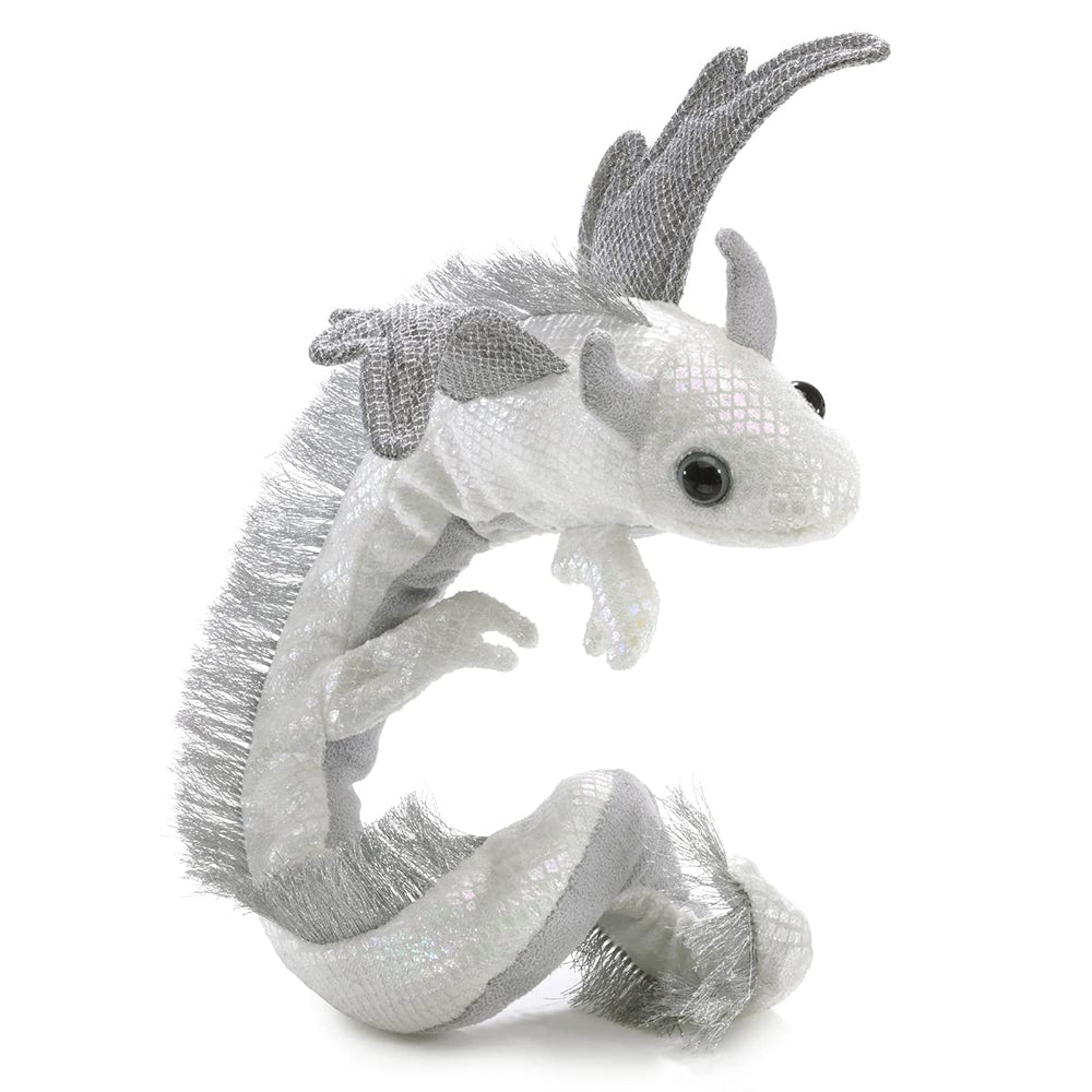 Folkmanis Pearl Dragon Wristlet Puppet on wrist demonstrates easy wear for storytelling and stage use