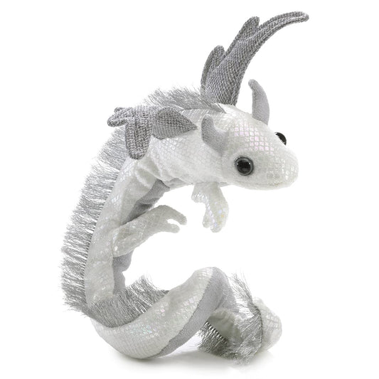 Folkmanis Pearl Dragon Wristlet Puppet on wrist demonstrates easy wear for storytelling and stage use