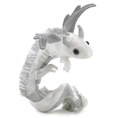 Folkmanis Pearl Dragon Wristlet Puppet on wrist demonstrates easy wear for storytelling and stage use