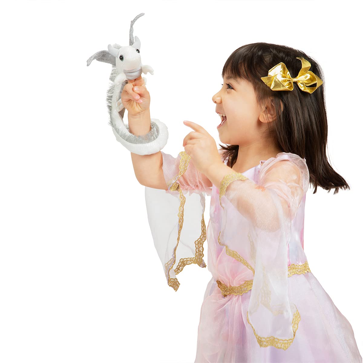 Folkmanis Pearl Dragon Wristlet Puppet during storytelling invites kids to imagine adventures